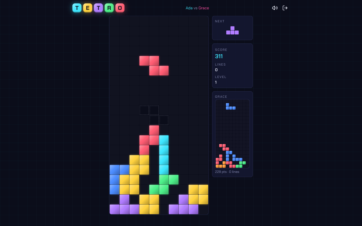 A Tetro match: the player’s board mid-game, with the next piece, score and the opponent’s live board